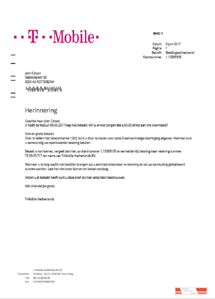 Netherlands T Mobile utility bill template in Word and PDF format